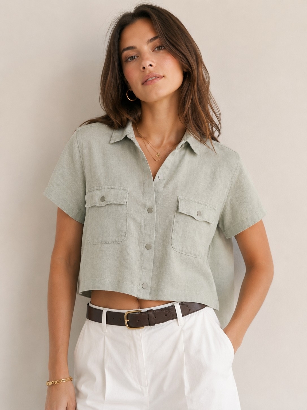 🌿👒 Nicole Miller NWOT 100% Linen Cropped Utility Button Front Shirt Sage Green